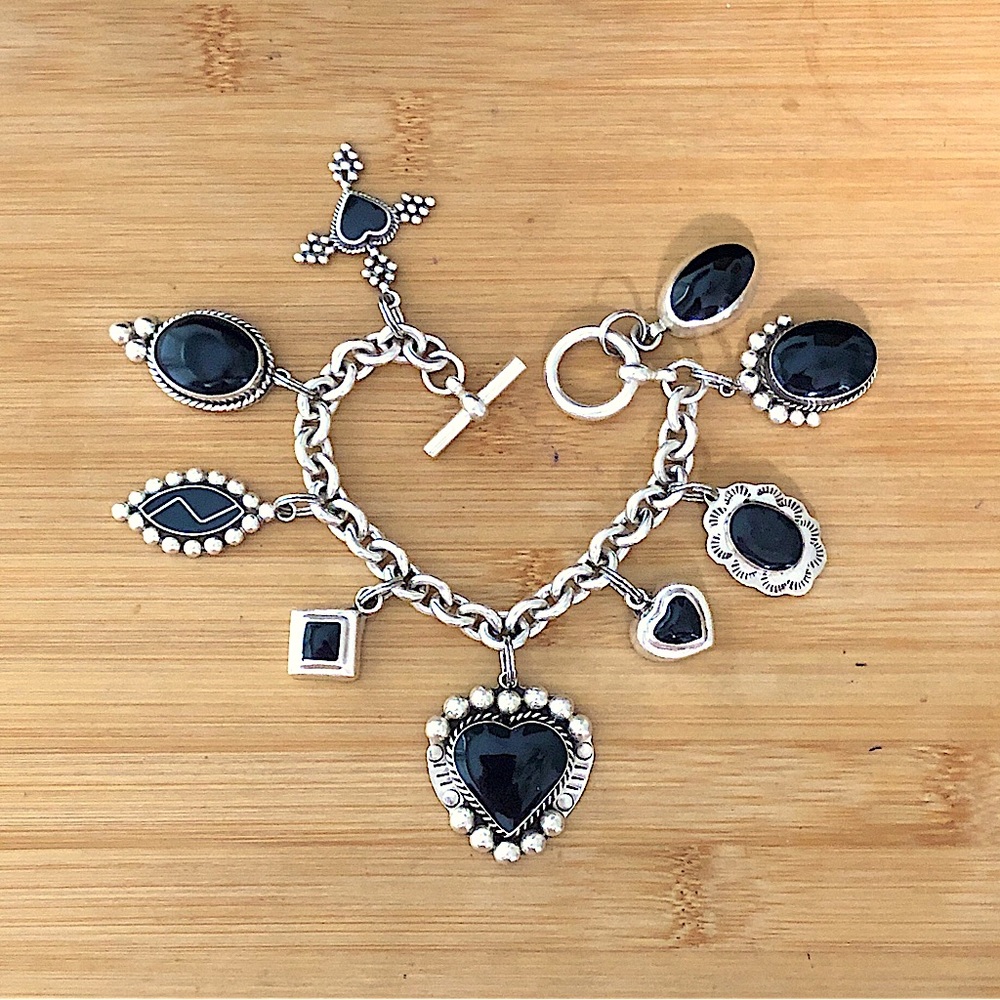 $738 Vintage Old Mexico Multi Charm Bracelet Sterling Silver & Onyx